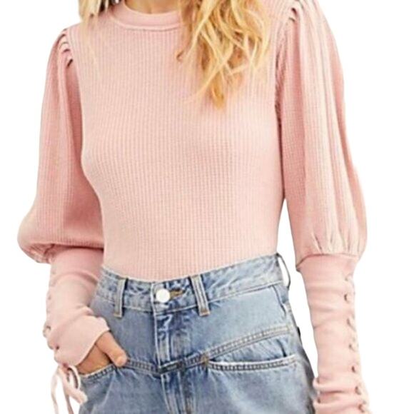 Free People Tasha Thermal Top Waffle Knit Lace Up Crew Neck Puff Sleeve Pink XS - Picture 1 of 6